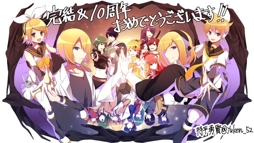 6+girls aiming aku_no_meshitsukai_(vocaloid) aku_no_musume_(vocaloid) akujiki_musume_conchita_(vocaloid) akutoku_no_judgement_(vocaloid) allen_avadonia anniversary arm_warmers ascot bad_id bad_pixiv_id banica_conchita behemo_barisol blonde_hair blue_eyes bow box brother_and_sister carlos_marlon chef crop_top crossdressing cup detached_sleeves dress drinking_glass drug_of_gold_(vocaloid) enbizaka_no_shitateya_(vocaloid) evil_smile evillious_nendaiki fortissimo full_body gakusha_(evillious_nendaiki) gallerian_marlon glassred_no_shouzou_(vocaloid) gobanme_no_pierrot_(vocaloid) green_eyes gumi gumina_glassred gun hair_bow hair_ornament hairclip hakoniwa_no_shoujo_(vocaloid) hand_mirror handgun hat hatsune_miku headphones highres jacket japanese_clothes jester jester_cap kagamine_len kagamine_len_(vocaloid4) kagamine_rin kagamine_rin_(vocaloid4) kaito_(vocaloid) kamui_gakupo katana kimono leg_warmers lemy_abelard levia_barisol light_particles maid maid_headdress margarita_blankenheim master_of_the_heavenly_yard_(vocaloid) megurine_luka meiko_(vocaloid) michelle_marlon midriff mirror multiple_boys multiple_girls nanatsu_no_tsumi_to_batsu_(vocaloid) necktie nemesis_no_juukou_(vocaloid) nemesis_sudou nemurase_hime_kara_no_okurimono_(vocaloid) nyoze_octo open_mouth outstretched_arm outstretched_hand own_hands_together pigeon-toed puffy_sleeves purple_eyes purple_jacket red_dress revolver riliane_lucifen_d&#039;autriche saigo_no_revolver_(vocaloid) sailor_collar sateriasis_venomania scissors short_hair shorts siblings signature smile smirk spoon sudou_kayo sword trap twins twitter_username upside-down v4x venomania_kou_no_kyouki_(vocaloid) vessel_of_sin vocaloid weapon wine_glass yuken_52