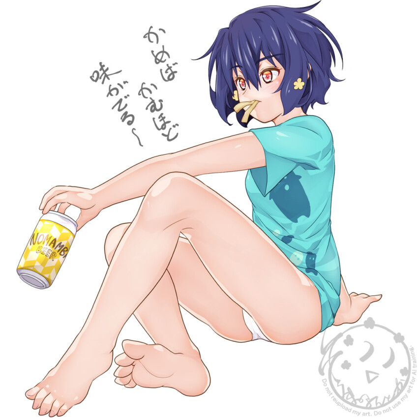 1girl aqua_shirt bare_legs barefoot beer_can blue_hair can commentary_request drink_can feet flower food_in_mouth full_body hair_between_eyes hair_flower hair_ornament holding holding_can legs light_blush mizuno_ai no_pants panties pantyshot red_eyes shirt short_hair short_sleeves simple_background sitting soles solo soumanantoka t-shirt toes translation_request underwear watermark white_background white_panties zombie_land_saga