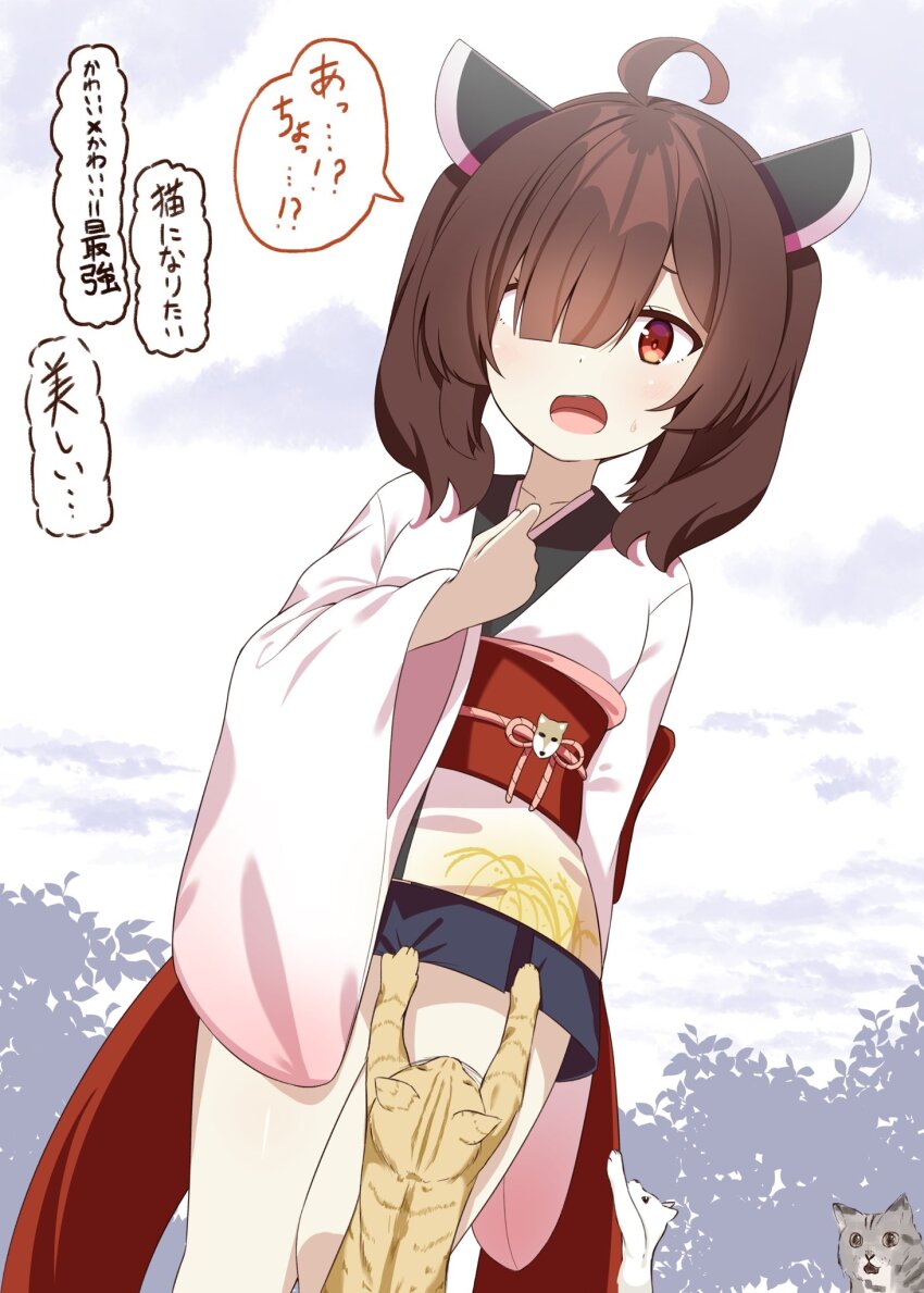 1girl ahoge animal blue_skirt blunt_bangs brown_hair cat chaakusu commentary_request cowboy_shot dutch_angle flat_chest from_below gradient_clothes gradient_kimono grey_cat hair_over_one_eye hair_over_shoulder hand_on_own_chest headgear highres japanese_clothes kimono light_blush long_bangs looking_at_animal medium_hair miniskirt obi obiage obidome obijime open_mouth pleated_skirt print_kimono red_eyes red_sash sash skirt solo speech_bubble standing sweatdrop tabby_cat thought_bubble touhoku_kiritan translation_request twintails voiceroid white_background white_cat white_kimono wide_sleeves yellow_cat