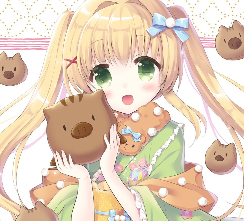 1girl :d animal blonde_hair blue_bow blush boar botan_(clannad) bow clannad colored_eyelashes commentary_request company_connection crossover eyes_visible_through_hair floating_hair frilled_kimono frilled_sleeves frills green_eyes green_kimono hair_between_eyes hair_bow hair_intakes hair_ornament hands_up holding holding_animal hoshimame_mana japanese_clothes key_(company) kimono long_sleeves looking_at_viewer open_mouth pom_pom_(clothes) pom_pom_hair_ornament sidelocks simple_background smile solo summer_pockets tsumugi_wenders upper_body white_background wide_sleeves x_hair_ornament yukata