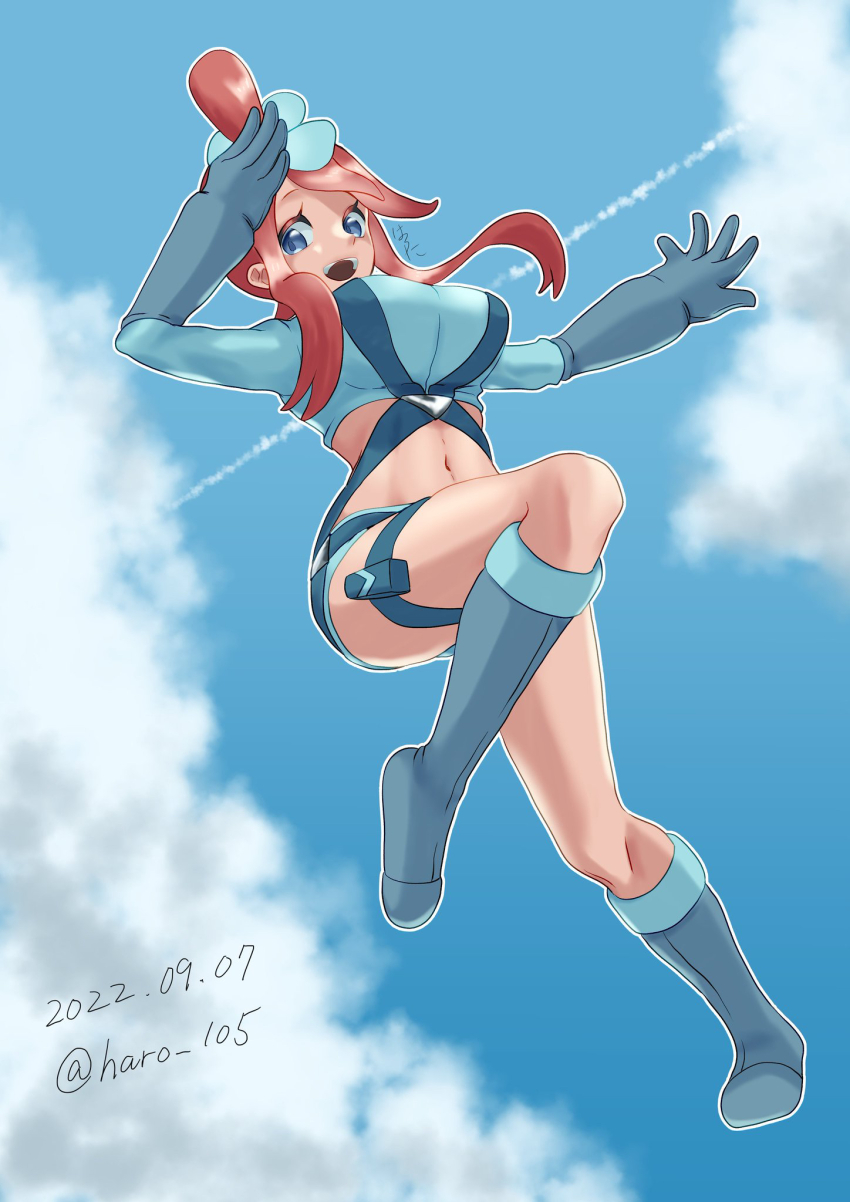 1girl blue_eyes blue_shoes blue_shorts blue_sky boots breasts dated full_body game_freak harota_615 highres large_breasts midriff navel nintendo open_mouth outline pokemon pokemon_bw pouch red_hair shoes shorts sky skyla_(pokemon) solo teeth thigh_pouch upper_teeth_only white_outline