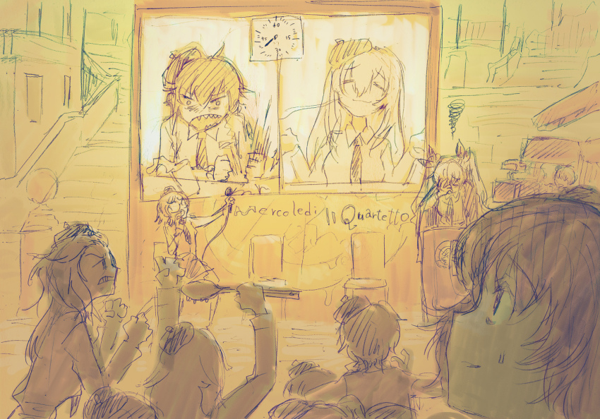 6+girls amaretto_(girls_und_panzer) anchovy_(girls_und_panzer) angry anzio_(emblem) anzio_school_uniform arguing beret black_cape black_necktie black_ribbon black_skirt cape carpaccio_(girls_und_panzer) chair clenched_hand clock crowd debate desk_slam dress_shirt drill_hair election emblem facepalm food_stand girls_und_panzer glasses hair_ribbon hat holding holding_spoon italian_text microphone multiple_girls necktie panettone_(girls_und_panzer) partially_colored payama pepperoni_(girls_und_panzer) podium projector_screen raised_fist ribbon school_uniform screen sharp_teeth shirt shouting shrugging skirt spill spoon stairs sweatdrop teeth twin_drills white_shirt worried