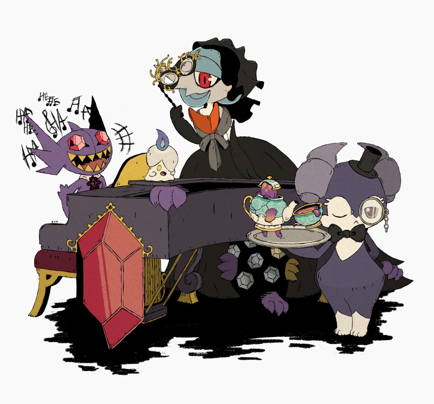 alternate_color black_dress black_gloves blue_hair bob_cut colored_skin cup dress elbow_gloves fangs gardevoir gen_3_pokemon gen_8_pokemon gloves grand_piano highres holding holding_tray indeedee indeedee_(male) instrument mega_gardevoir mega_pokemon mega_sableye monocle music nintendo one_eye_closed open_mouth opera_glasses orange_eyes piano playing_instrument playing_piano pokemon pokemon_(creature) polteageist sableye shiny_pokemon simple_background sinistea smile teacup teapot tray white_background white_skin zakkurz