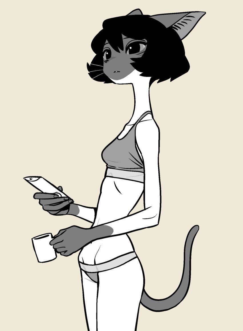 1girl animal_ears black_hair bra cat_ears cat_girl cat_tail coffee controller golaegun groin remote_control short_hair tagme tail underwear