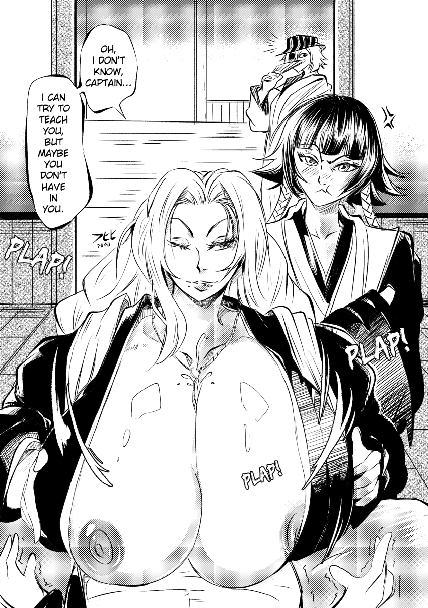 2boys 2girls absurdres black_hair bleach blush breasts chain chain_necklace collarbone crossed_arms english_text folding_fan gigantic_breasts hand_fan haori hat highres indoors inktober japanese_clothes jealous jewelry long_hair matsumoto_rangiku medium_hair mole mole_under_mouth monochrome multiple_boys multiple_girls necklace nipple_slip nipples paizuri rickyxstudio shawl shihakusho speech_bubble sui-feng urahara_kisuke