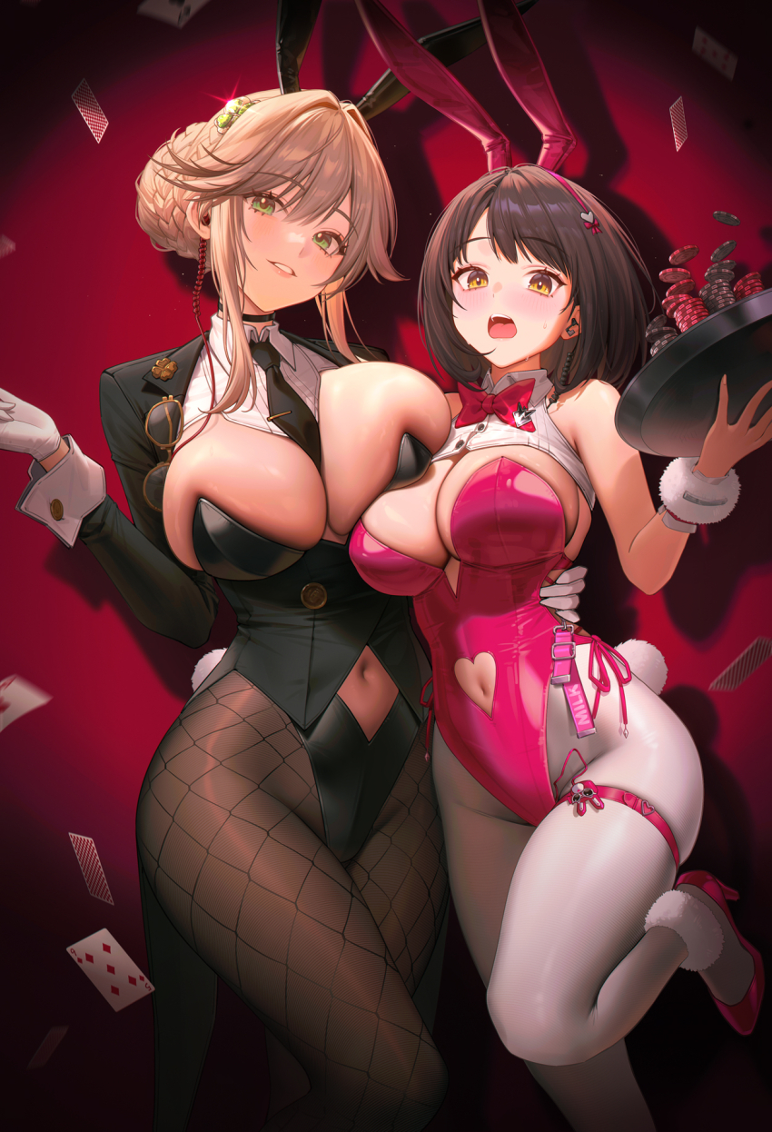 2girls 95_(jiuwujiang) ade_(agent_bunny)_(nikke) ade_(nikke) animal_ear_hairband animal_ears black_choker black_coat black_leotard black_necktie black_pantyhose blonde_hair blush bow bowtie braid breasts brown_hair bun_with_braided_base choker cleavage clothing_cutout clover_pin coat commentary earpiece eyewear_hang fake_animal_ears fake_tail fishnet_pantyhose fishnets floating_card gloves goddess_of_victory:_nikke green_eyes hair_bun hair_intakes hairband heart_cutout highleg highleg_leotard highres holding holding_tray huge_breasts large_breasts leg_warmers leotard looking_at_viewer milk_(blooming_bunny)_(nikke) milk_(nikke) multiple_girls navel navel_cutout necktie official_alternate_costume official_alternate_hairstyle open_mouth pantyhose pink_bow pink_bowtie pink_leg_warmers pink_leotard playboy_bunny poker_chip rabbit_ear_hairband rabbit_ears rabbit_tail red_eyes short_hair shrug_(clothing) sidelocks single_hair_bun skindentation smile standing standing_on_one_leg sweat tail tie_clip tray undersized_breast_cup unworn_eyewear white_gloves white_pantyhose white_shrug white_wrist_cuffs wrist_cuffs