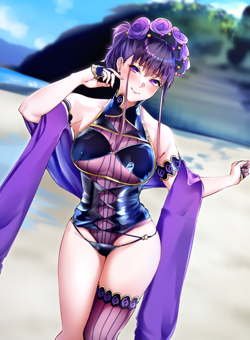 1girl absurdres armlet bare_shoulders beach black_gloves black_one-piece_swimsuit blush breasts fate/grand_order fate_(series) fingerless_gloves flower gloves gold_trim hair_flower hair_ornament hair_up half_gloves highleg highleg_one-piece_swimsuit highres jewelry large_breasts len_(hand_linke) long_hair looking_at_viewer murasaki_shikibu_(fate) murasaki_shikibu_(swimsuit_rider)_(fate) murasaki_shikibu_(swimsuit_rider)_(first_ascension)_(fate) one-piece_swimsuit purple_eyes purple_hair single_thighhigh smile solo swimsuit thighhighs thighs