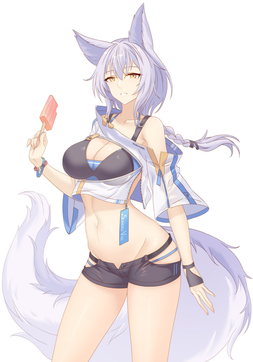 1girl :d absurdres animal_ears arknights black_shorts braid breasts chinese_commentary cleavage collarbone commentary_request cowboy_shot food grey_hair grin hair_between_eyes hand_up highres hip_vent holding holding_food ice_cream innoarukugyou large_breasts long_hair looking_at_viewer navel open_mouth popsicle provence_(arknights) short_shorts shorts simple_background smile solo standing tail white_background yellow_eyes