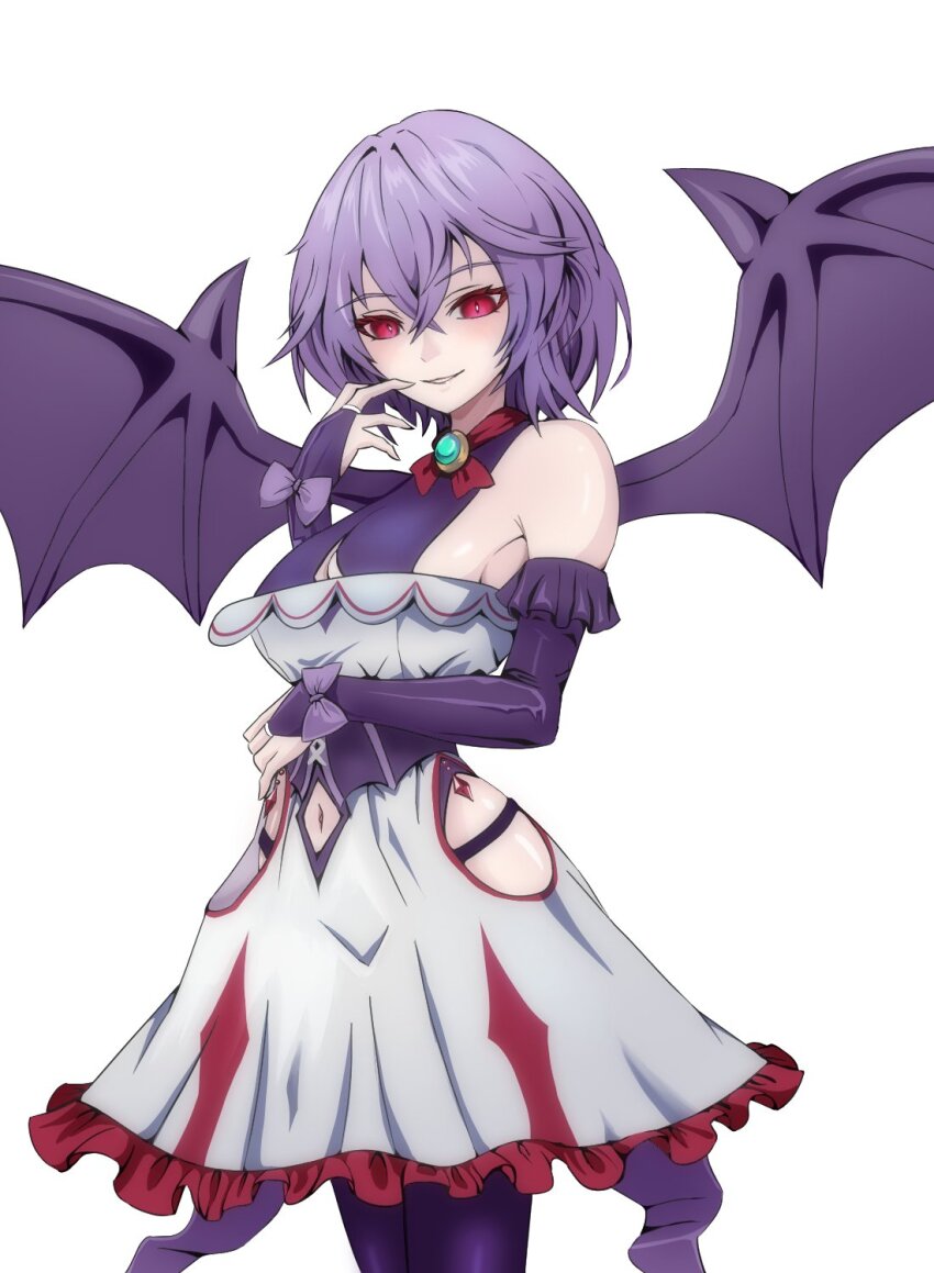 1girl aged_up arm_under_breasts bare_shoulders bat_wings black_corset black_panties black_pantyhose black_shirt blue_bow blue_hair bow breasts clothing_cutout corset cowboy_shot dress elbow_gloves frilled_dress frills gloves hair_between_eyes highres jewelry long_sleeves looking_at_viewer medium_breasts merihari07 navel no_headwear panties pantyhose red_eyes remilia_scarlet shirt short_hair sideboob simple_background smirk solo touhou touhou_gensou_eclipse underwear white_background white_dress wings