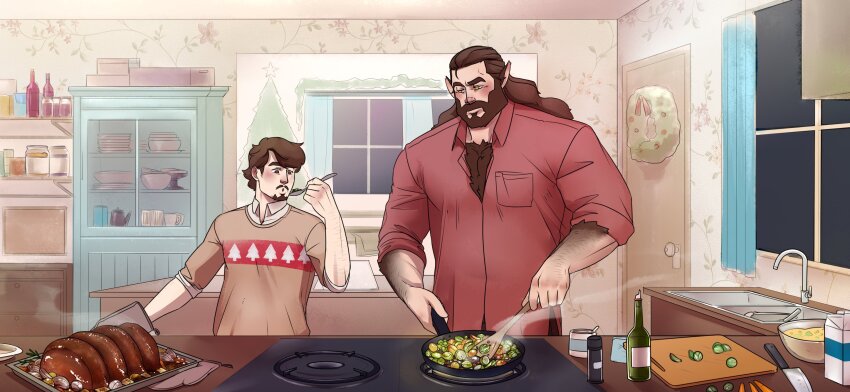 2boys animal_ears bara beard body_fur christmas christmas_tree_print conrad_(getonjbart) cooking couple facial_hair frying_pan full_beard getonjbart hairy hand_hair height_difference highres holding holding_frying_pan indoors kitchen large_pectorals male_focus mature_male monster_boy multiple_boys muscular muscular_male mustache original pectoral_cleavage pectorals perspective short_hair standing sweater tasting thick_arm_hair thick_beard thick_chest_hair thick_eyebrows thick_mustache very_hairy werewolf wolf_ears yaoi