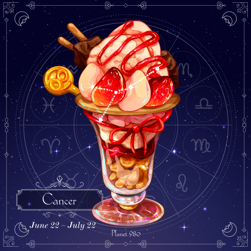 absurdres chocolate food food_focus highres no_humans original parfait strawberry_parfait strawberry_syrup yuki00yo zodiac_wheel