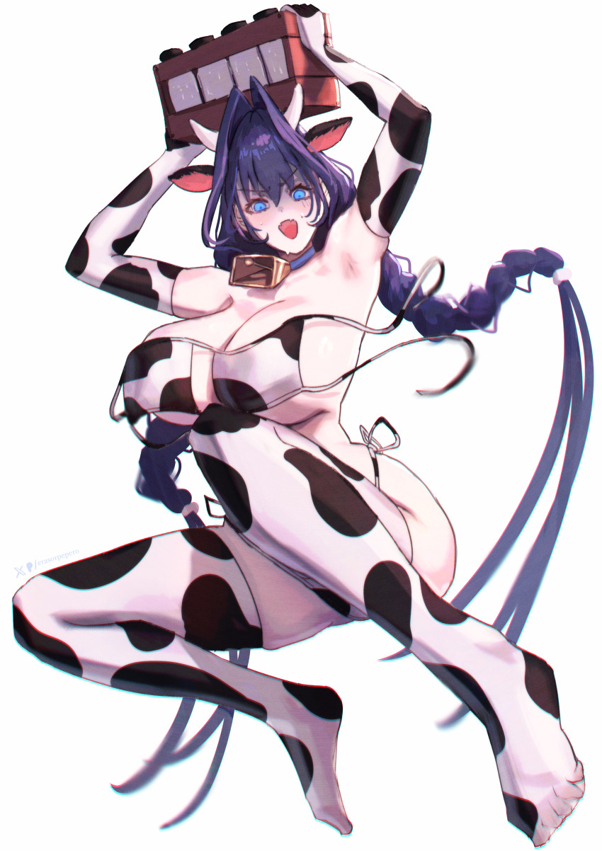 1girl absurdres alternate_costume animal_ears animal_print armpits arms_up bell bikini black_hair blue_eyes bottle braid breasts cow_ears cow_horns cow_print cow_print_bikini cow_print_gloves cow_print_thighhighs elbow_gloves erasorpepero feet gloves hair_intakes highres holding_crate hololive hololive_english horns huge_breasts long_hair looking_at_viewer low_twin_braids milk_bottle neck_bell open_mouth ouro_kronii print_bikini print_gloves print_thighhighs simple_background solo sweat swimsuit thighhighs twin_braids virtual_youtuber white_background