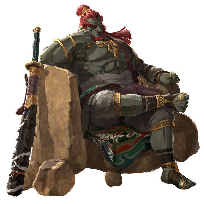 1boy abs absurdres armpits artist_request bara beard black_nails capri_pants chinstrap_beard closed_mouth club_(weapon) colored_skin constricted_pupils facial_hair figure_four_sitting foot_wraps full_body ganondorf gem gold_trim grey_skin hair_bun hair_ornament highres hyrule_warriors:_age_of_imprisonment jewelry long_hair looking_at_viewer male_focus multiple_rings muscular muscular_male necklace nintendo official_art pants pectorals red_gemstone ring rock simple_background sitting solo tassel the_legend_of_zelda the_legend_of_zelda:_tears_of_the_kingdom thick_eyebrows toe_ring topknot topless_male transparent_background yellow_eyes