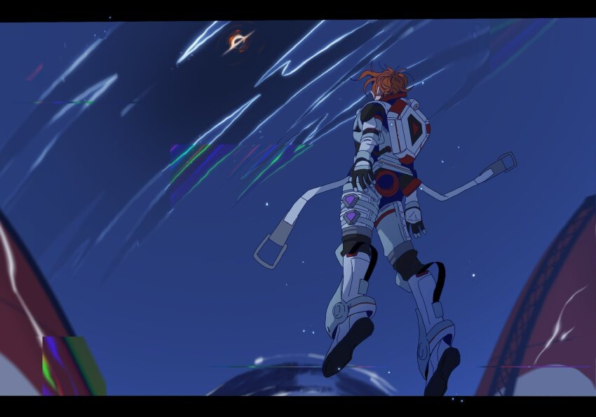 1girl apex_legends black_gloves black_hole floating from_behind from_below glitch gloves highres horizon_(apex_legends) letterboxed olympus_(apex_legends) open_hands orange_hair ruthion science_fiction short_hair solo space spacesuit