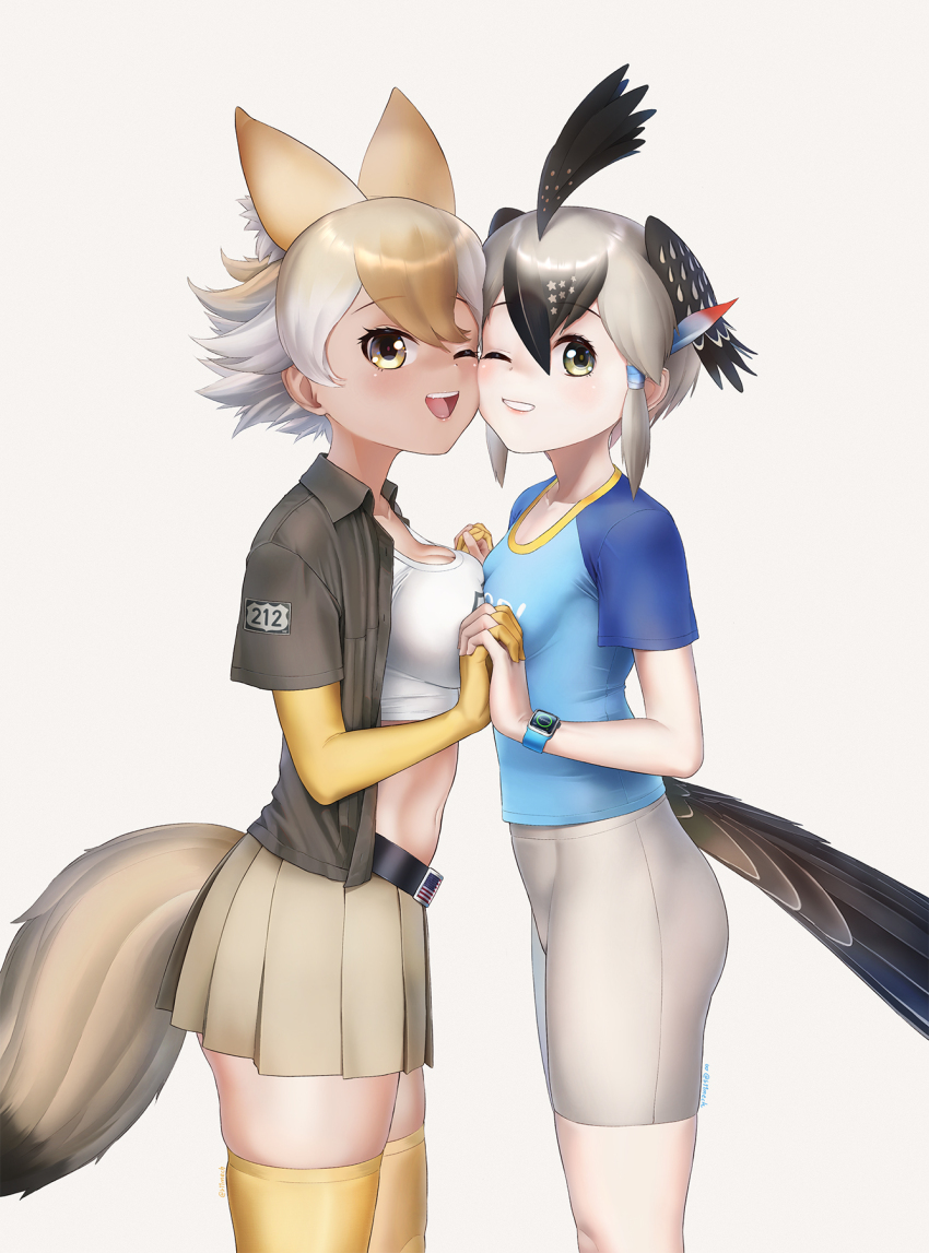 2girls animal_ears beleven bike_shorts bird_girl bird_tail bird_wings blonde_hair blue_shirt cheek-to-cheek cowboy_shot coyote_(kemono_friends) elbow_gloves extra_ears gloves greater_roadrunner_(kemono_friends) green_eyes grey_hair grey_jacket grey_shorts grey_skirt hair_between_eyes head_wings heads_together highres holding_hands jacket kemono_friends kemono_friends_3 midriff multicolored_hair multiple_girls navel one_eye_closed open_clothes open_jacket pleated_skirt shirt short_hair short_sleeves shorts sidelocks skirt t-shirt tail thighhighs two-tone_shirt white_hair wings wolf_ears wolf_girl wolf_tail yellow_eyes yellow_gloves yellow_thighhighs zettai_ryouiki