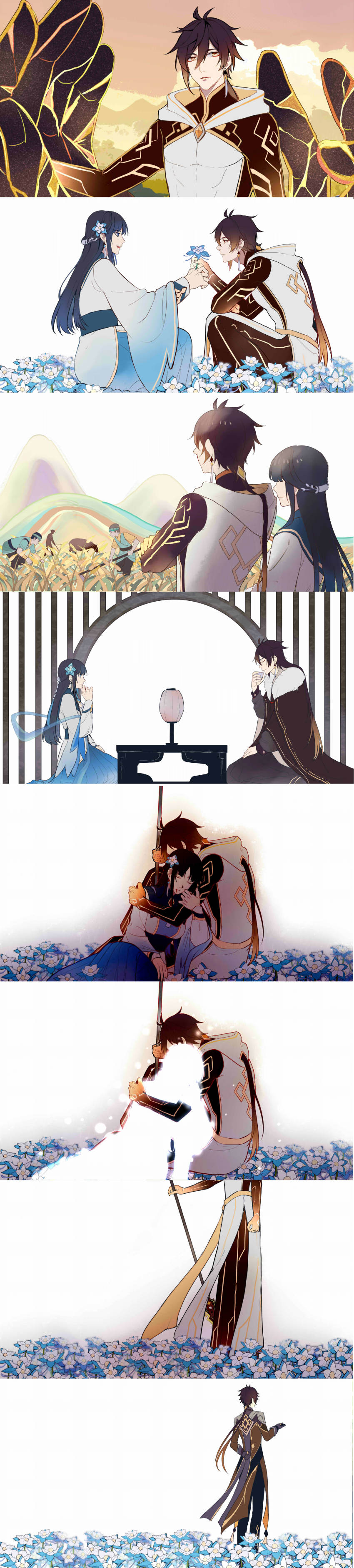 1girl 4boys absurdres alternate_costume arm_behind_back arm_tattoo baggy_pants bare_shoulders black_hair blood blood_from_mouth blue_eyes blue_flower breasts chinese_clothes chinese_commentary cloak closed_eyes closed_mouth cloud coat crossed_arms cup death disintegration dissolving earrings eyeshadow faceless faceless_female faceless_male farmer farming flower flower_ornament full_body genshin_impact giant_hand glaze_lily gradient_hair guizhong_(genshin_impact) hagoromo hair_between_eyes hair_flower hair_ornament hair_tie hand_up hanfu highres holding holding_cup holding_polearm holding_weapon hood hood_down hooded_cloak hooded_coat hug jewelry lamp light long_hair long_image long_sleeves looking_at_viewer makeup medium_breasts mountain multicolored_hair multiple_boys nature open_mouth outdoors pants polearm ponytail red_eyeshadow rex_lapis_(genshin_impact) robe shawl sidelocks single_earring sitting sky sleeveless smile spear standing table tall_image tassel tattoo teeth thumb_ring tingke upper_teeth_only very_long_hair vortex_vanquisher_(genshin_impact) weapon white_cloak white_coat yellow_eyes zhongli_(genshin_impact)