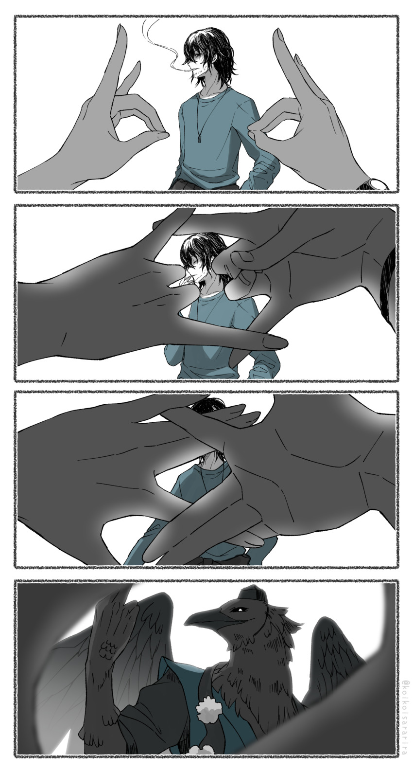 1boy 4koma absurdres bird_boy black_wings blue_shirt cigarette comic covered_mouth dog_tags double_fox_shadow_puppet facial_hair finger_frame fox_shadow_puppet furry furry_male hand_on_own_hip hand_up hat highres japanese_clothes jewelry long_sleeves looking_at_viewer male_focus necklace open_mouth original out_of_frame pendant pov pov_hands sarara_(yoasobi) shaded_face shirt short_hair sideways_glance smoke smoking spot_color stubble tengu tokin_hat transformation wings