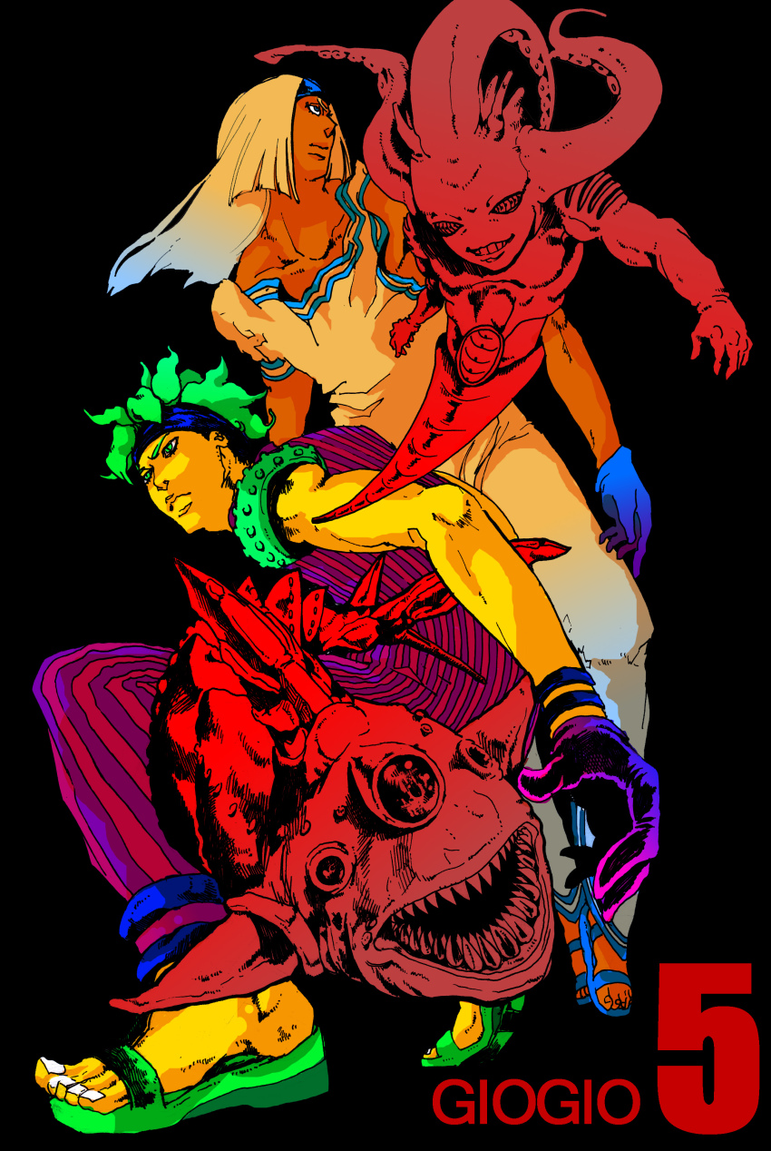 2boys absurdres blonde_hair blue_eyes clash_(stand) dark_skin dark-skinned_male eat666 eat_(pixiv1194505) gloves green_eyes green_hair headband highres jojo_no_kimyou_na_bouken male_focus multiple_boys sandals sketch squalo stand_(jojo) talking_head_(stand) tiziano
