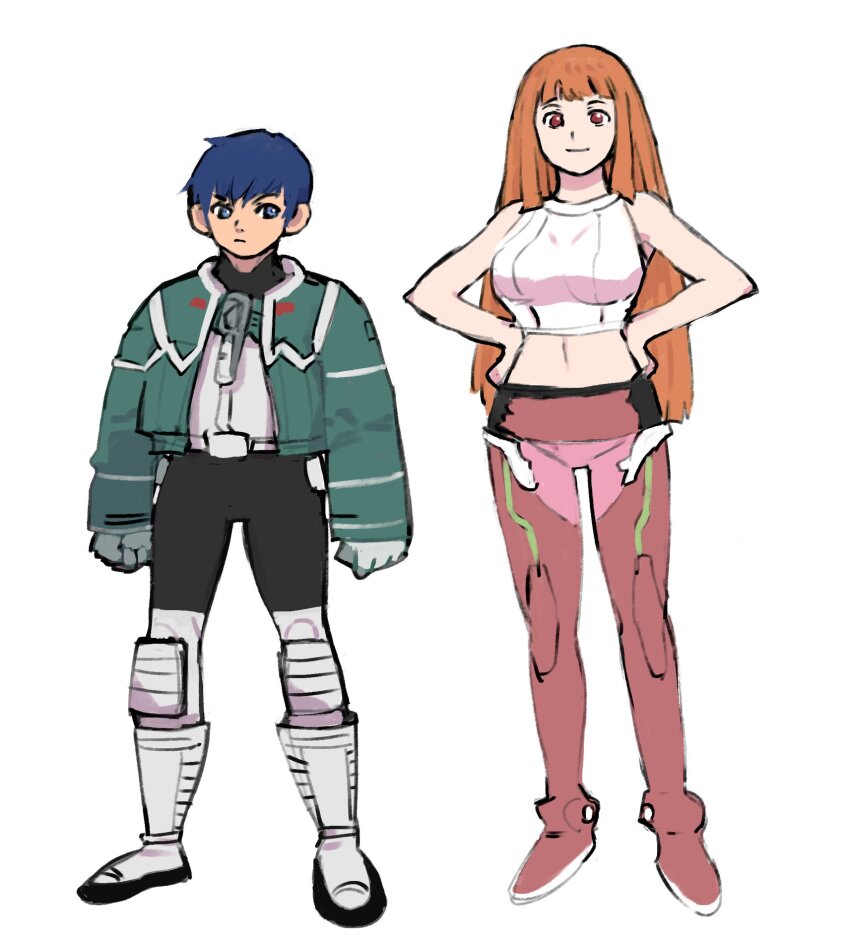 1boy 1girl aqua_jacket arms_at_sides bare_arms bare_shoulders blue_eyes blue_hair blunt_ends boots breasts closed_mouth crop_top cropped_shirt gan2 hands_on_own_hips highres jacket ken_marinaris large_breasts legs_apart leo_stenbuck long_hair long_sleeves navel open_clothes open_jacket orange_hair red_eyes shirt short_hair simple_background sleeveless sleeveless_shirt smile standing white_background white_boots white_shirt zone_of_the_enders zone_of_the_enders_2