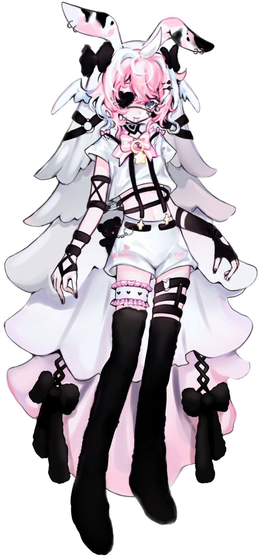 1girl absurdres ahoge animal_ears black_gloves black_thighhighs blue_eyes bow bowtie closed_mouth cloud_(lufaeris) commentary eyepatch fake_animal_ears fingerless_gloves frilled_thigh_strap full_body gloves heart heart_eyepatch highres looking_at_viewer medium_hair midriff no_shoes original pink_bow pink_bowtie pink_hair rabbit_ears shirt short_sleeves shorts smile swept_bangs symbol-only_commentary thigh_strap thighhighs veil white_shirt white_shorts white_veil