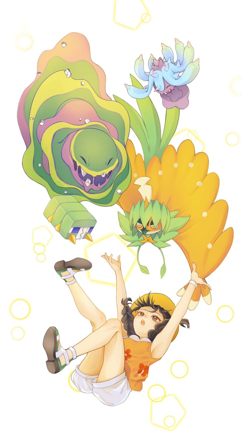 1girl alolan_form alolan_muk armpits arms_up ayan_ip braid brown_eyes brown_hair charjabug commentary_request decidueye eyelashes floral_print gen_7_pokemon hat highres mareanie nintendo pokemon pokemon_(creature) pokemon_usum selene_(pokemon) shirt shoes shorts sleeveless sleeveless_shirt twin_braids white_background white_shorts