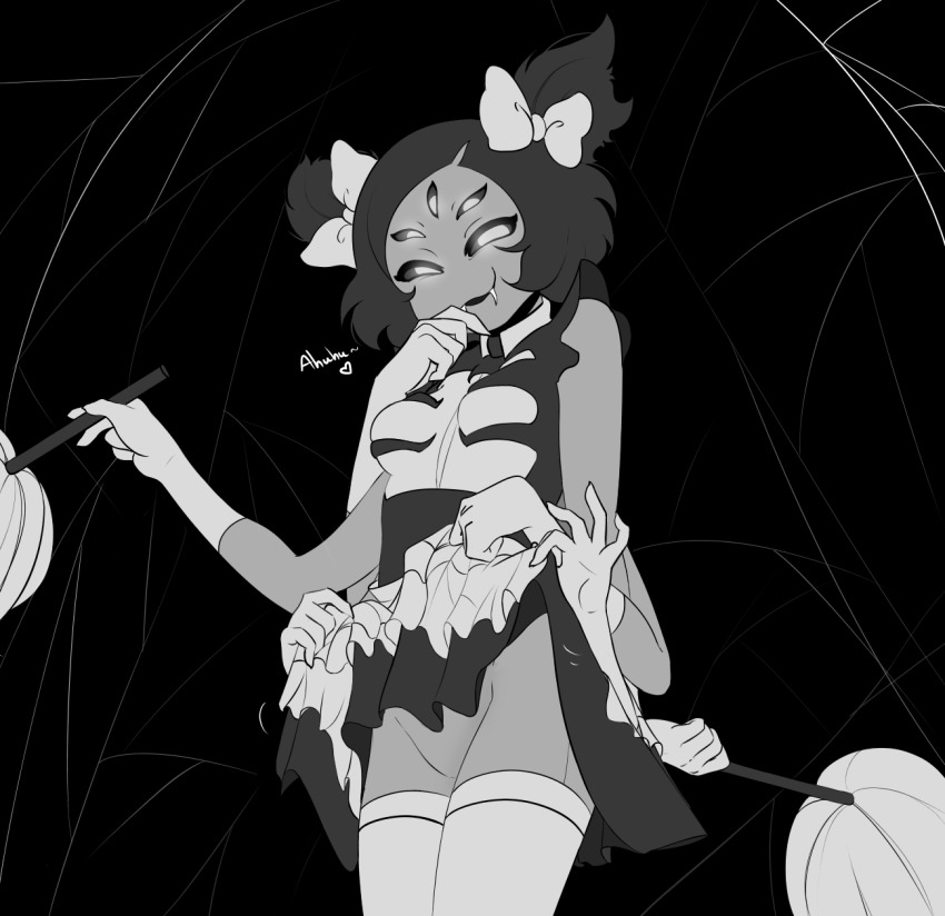 1girl arthropod_girl bare_shoulders black_background bow breasts cleaning_brush clothes_lift commentary cowboy_shot dress dress_lift extra_arms extra_eyes fangs from_below gloves greyscale haaru hair_bow heart highres insect_girl maid monochrome muffet no_panties open_mouth short_hair silk simple_background small_breasts solo spider_girl spider_web symbol-only_commentary thighhighs two_side_up undertale