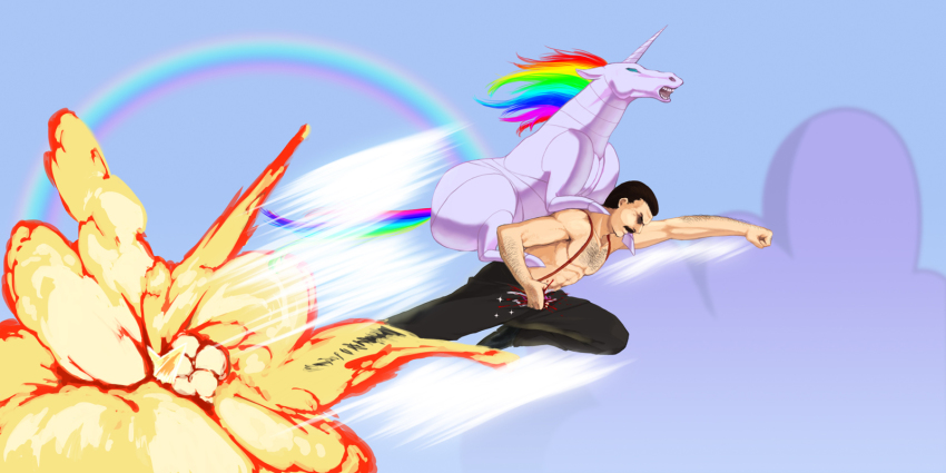 1boy 4chan crossover drawfag epic explosion fabulous facial_hair freddie_mercury highres male_focus manly mustache parody queen_(band) rainbow riding robot robot_unicorn_attack role_reversal sakigake!!_cromartie_koukou topless_male suspenders unicorn