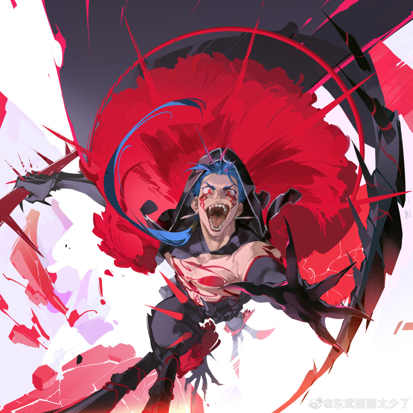 1boy absurdres black_gloves blue_hair cape claws crazy_eyes crazy_smile cu_chulainn_(fate) cu_chulainn_alter_(fate) cu_chulainn_alter_(third_ascension)_(fate) earrings elbow_gloves facepaint facial_mark fate/grand_order fate_(series) gae_bolg_(fate) gloves highres holding holding_polearm holding_weapon hood hood_up jewelry long_hair male_focus open_mouth polearm red_eyes smile spear spikes tail tattoo teeth tobu_(bilibil) weapon