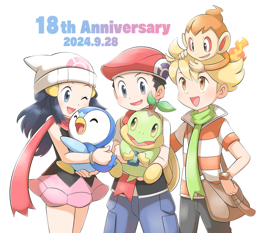 1girl 2boys absurdres aogaeru_(pixiv46613656) bag barry_(pokemon) blonde_hair blue_eyes blue_hair brown_bag carrying chimchar dated dawn_(pokemon) fire gen_4_pokemon grey_eyes hat highres lucas_(pokemon) multiple_boys nintendo on_head open_mouth orange_eyes piplup pokemon pokemon_(creature) pokemon_dppt scarf simple_background smile standing turtwig white_background