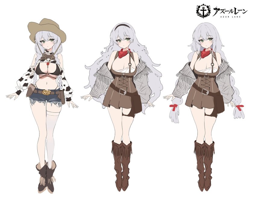 1girl azur_lane belt bikini black_bikini black_hairband breasts brown_belt brown_dress brown_footwear brown_hat reference_sheet chungu cleavage closed_mouth concept_art copyright_name cowboy_hat dress fargo_(azur_lane) fargo_(dairy_in_the_dreary_sun)_(azur_lane) full_body grey_eyes grey_hair hair_ribbon hairband hat highres holster large_breasts long_hair long_sleeves looking_at_viewer navel neckerchief off_shoulder official_alternate_costume red_neckerchief red_ribbon ribbon short_shorts shorts simple_background single_thighhigh swimsuit thighhighs white_background white_thighhighs
