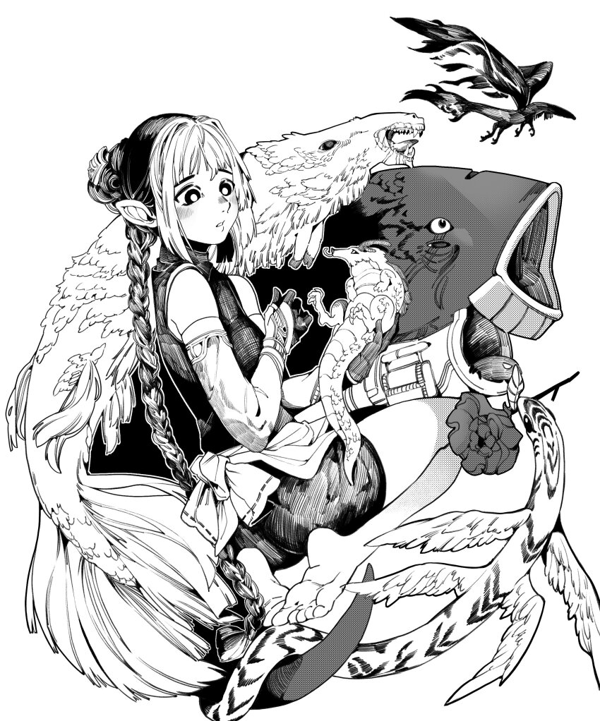 1girl absurdres animal animal_request bare_legs bare_shoulders blush bow confused dragon feet fish flower flower_in_mouth flying_fish grey_hair hair_bun highres koi long_bangs matata1203 monochrome multicolored_hair mythological_creature open_mouth original parted_lips pointy_ears ponytail rose sitting soles solo_focus straight_hair toes two-tone_hair wariza white_background wings