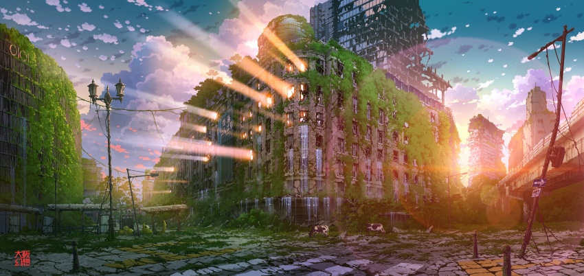 abandoned absurdres animal arrow_(symbol) blue_sky broken_window building cloud commentary_request cow crack dilapidated glowing highres lamppost moss no_humans original outdoors overgrown plant post-apocalypse power_lines ruins scenery sign sky sunrise tentacles tokyogenso vines water waterfall