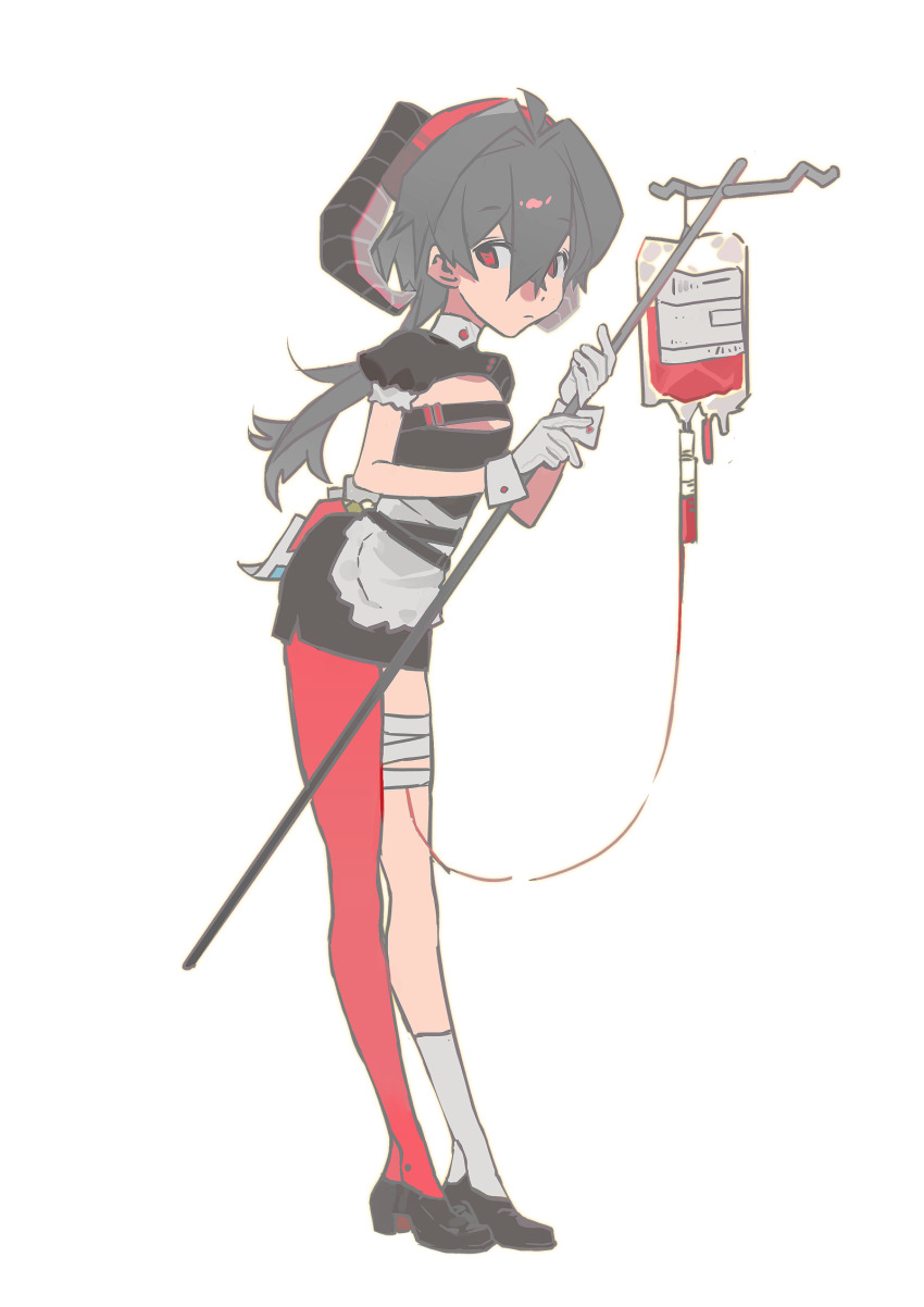 1girl ahoge apron asymmetrical_legwear bandaged_leg bandages black_dress black_hair black_horns black_shoes black_shrug blood blood_bag character_request chinese_commentary chuanhua closed_mouth commentary_request commission copyright_request crossed_bangs dress expressionless full_body gloves grey_apron grey_gloves grey_socks hair_between_eyes hair_intakes highres horns loafers long_hair mismatched_legwear pantyhose puffy_short_sleeves puffy_sleeves red_eyes red_pantyhose shoes short_sleeves shrug_(clothing) simple_background single_leg_pantyhose socks solo strapless strapless_dress tachi-e uneven_legwear waist_apron white_background