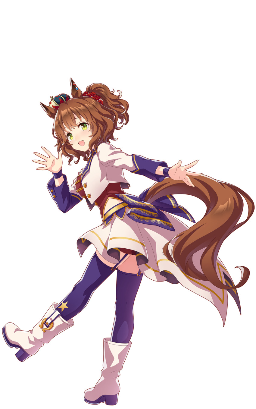 1girl animal_ears aston_machan_(umamusume) back_ribbon breasts brown_hair crown ear_ornament full_body green_eyes hair_intakes hair_ornament hair_scrunchie hair_tie highres horse_ears horse_girl horse_tail horseshoe horseshoe_ornament leg_up looking_at_viewer medium_hair midriff mini_crown official_alternate_costume official_art open_hand open_mouth ponytail ribbon scrunchie shorts smile solo standing standing_on_one_leg starting_future_(umamusume) tachi-e tail thighhighs thighs tiara transparent_background umamusume wristband