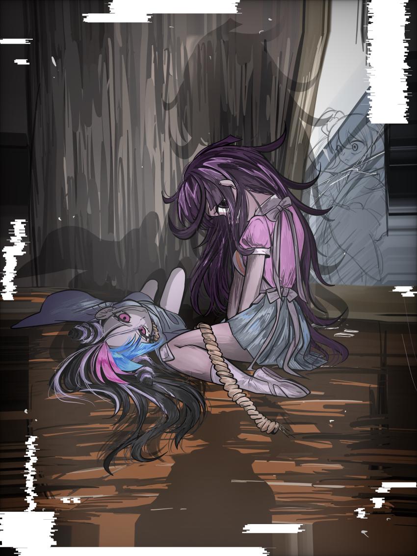 3girls absurdres apron black_hair blue_hair blue_skirt commentary_request corpse curtains danganronpa_(series) danganronpa_2:_goodbye_despair death glitch hair_horns highres japanese_clothes kimono long_hair mioda_ibuki multicolored_hair multiple_girls pink_eyes pink_hair pink_shirt purple_eyes purple_hair reflection rope saionji_hiyoko shadow shirt shoes short_sleeves sitting skirt socks spoilers tsumiki_mikan user_gegs4544 white_apron white_hair white_shoes white_socks wooden_floor