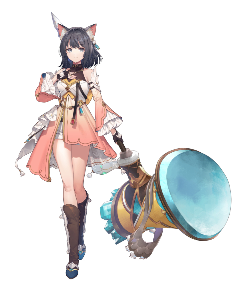 1girl animal_ear_fluff animal_ears atelier_(series) atelier_resleriana bare_shoulders black_boots black_gloves black_hair boots braid cat_ears cat_girl closed_mouth detached_sleeves dress fingerless_gloves frilled_sleeves frills full_body gloves gradient_clothes gradient_dress hammer hand_on_own_chest hand_up highres holding holding_hammer holding_weapon huge_weapon izana_kokoschka jewelry knee_boots long_sleeves looking_at_viewer necklace official_alternate_costume official_alternate_hair_length official_alternate_hairstyle official_art pink_dress pink_sleeves second-party_source short_hair shorts simple_background smile solo standing umiu_geso weapon white_background white_shorts