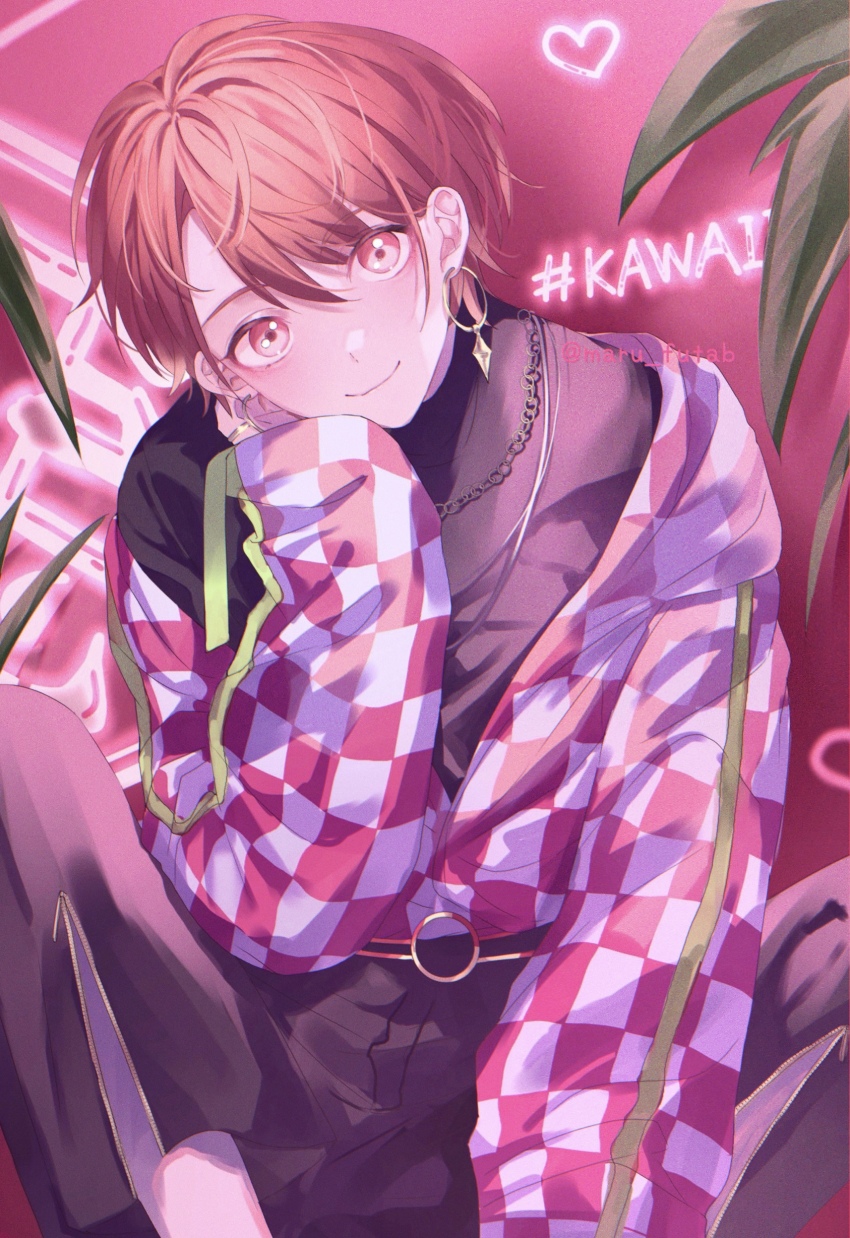 1boy absurdres blush checkered_clothes checkered_sleeves commentary_request earrings head_rest heart highres jewelry long_sleeves looking_at_viewer male_focus maru_futab maruyama_reo paradox_live phantometal_(paradox_live) pink_background red_eyes red_hair short_hair solo twitter_username