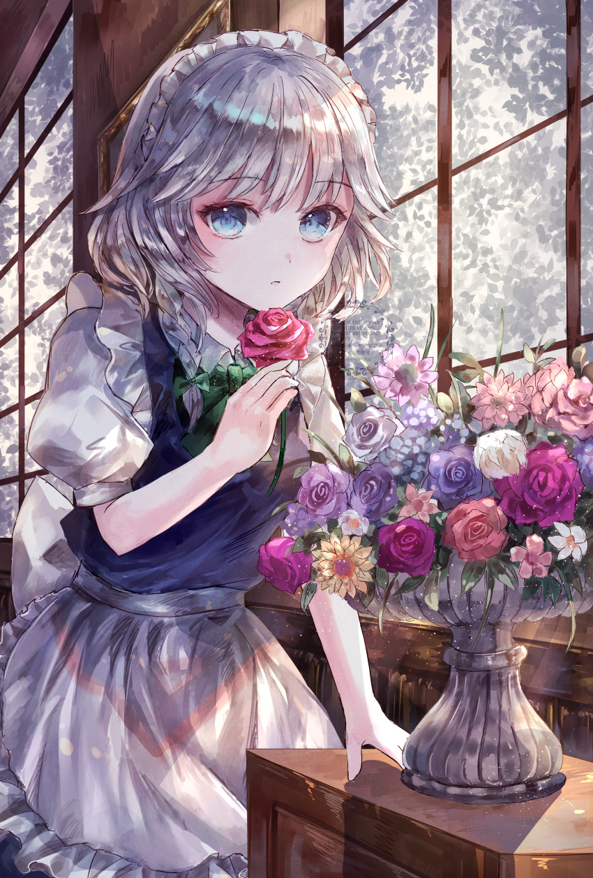 1girl absurdres apron blue_dress blue_eyes bow bowtie commentary_request dress flower flower_request frilled_apron frills green_bow green_bowtie grey_hair hand_up highres holding holding_flower indoors izayoi_sakuya looking_at_viewer maid maid_headdress parted_lips pink_flower puffy_short_sleeves puffy_sleeves purple_flower purple_rose red_flower red_rose rose short_hair short_sleeves solo suzushina touhou vase waist_apron watermark white_apron white_flower window yellow_flower