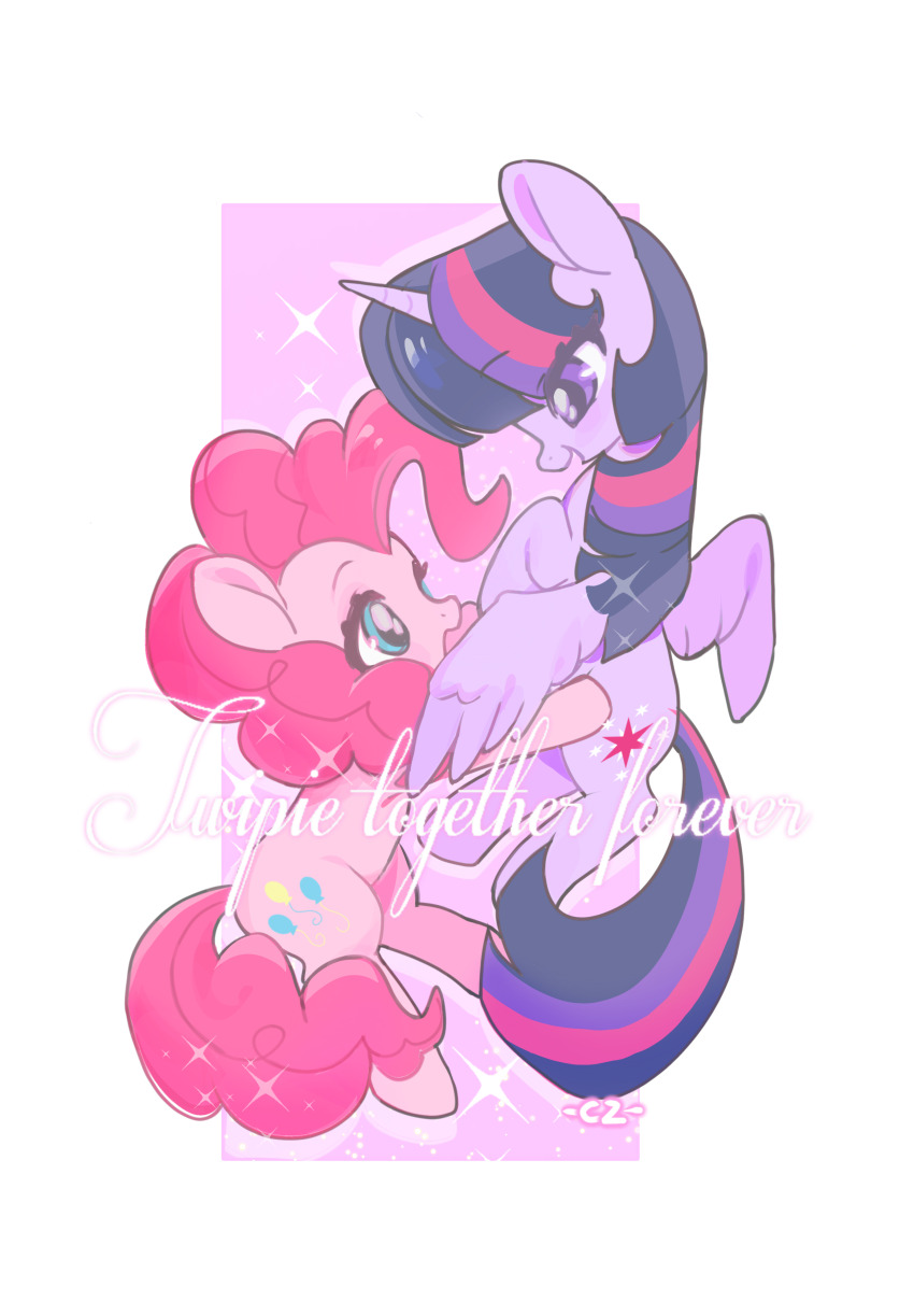 absurdres animal animal_focus black_hair blue_eyes blunt_bangs blunt_ends border chengzi82020 curly_hair cutie_mark face-to-face from_side full_body highres light_particles multicolored_hair my_little_pony my_little_pony:_friendship_is_magic no_humans open_mouth outside_border pink_background pink_hair pinkie_pie pony_(animal) profile purple_eyes purple_hair simple_background smile sparkle streaked_hair twilight_sparkle white_border winged_unicorn yuri