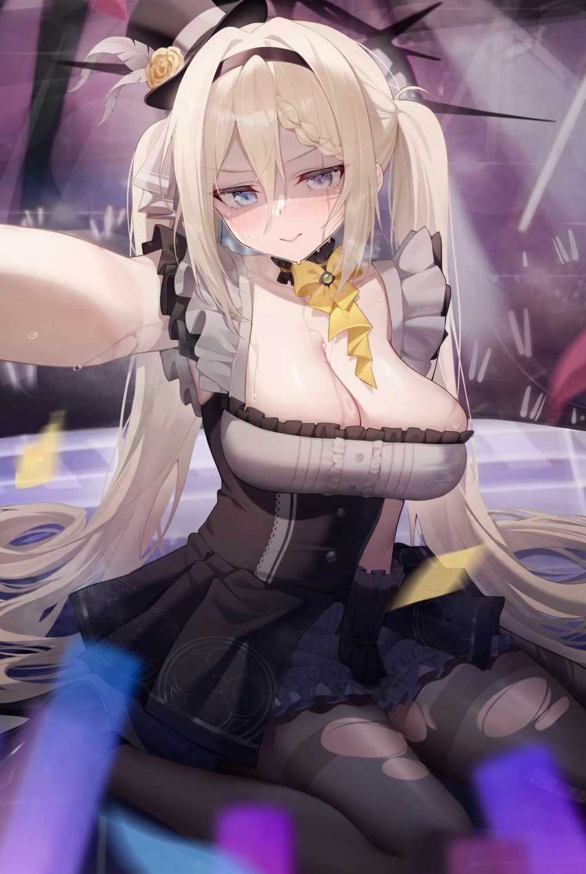 1girl absurdres alternate_costume bilibili black_pantyhose blonde_hair blue_archive blue_hair braid breasts cosplay dress hat highres idol jihua_tong large_breasts mari_(blue_archive) mari_(blue_archive)_(cosplay) mari_(idol)_(blue_archive) pantyhose purple_eyes shaded_face single_braid sitting solo sweatdrop top_hat twintails