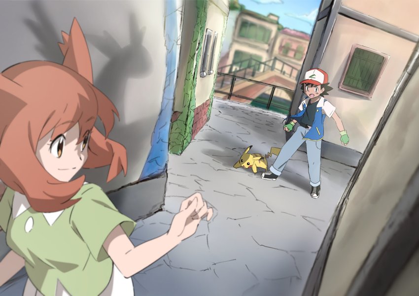 1boy 1girl ash_ketchum baseball_cap bianca_(pokemon_heroes) black_hair black_shirt brown_eyes brown_hair building closed_mouth commentary_request day different_shadow eyelashes fence fingerless_gloves gen_1_pokemon gen_3_pokemon gloves green_gloves green_shirt grey_pants hat highres jacket latias legendary_pokemon nintendo outdoors pants pikachu pokemon pokemon_(anime) pokemon_(classic_anime) pokemon_(creature) pokemon_heroes:_latios_&amp;_latias shirt shoes short_hair short_sleeves smile sneakers standing two_side_up yusuke_oshida