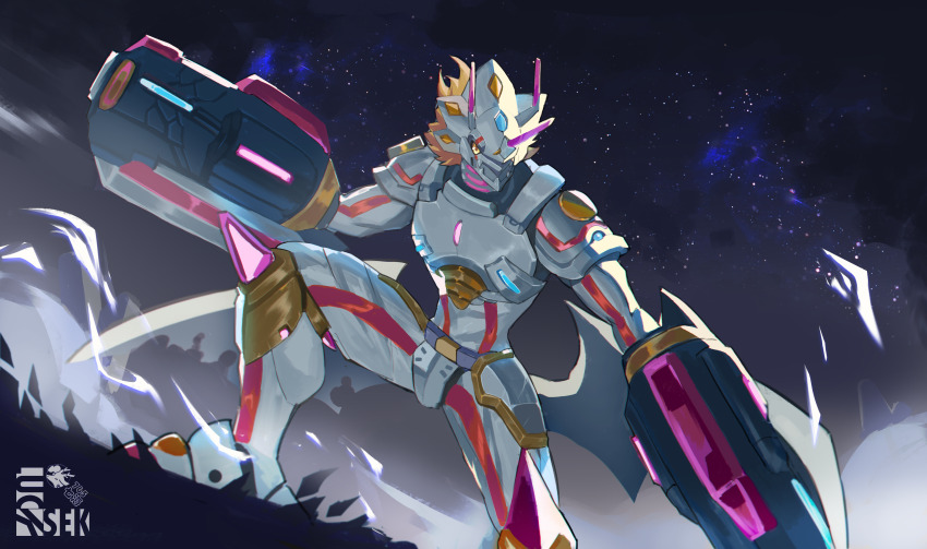 765_nanami absurdres arm_blade arm_cannon armor artist_logo blonde_hair covered_mouth digimon digimon_(creature) dragon dust highres horns logo night night_sky siriusmon sky solo spiked_hair weapon wings yellow_eyes