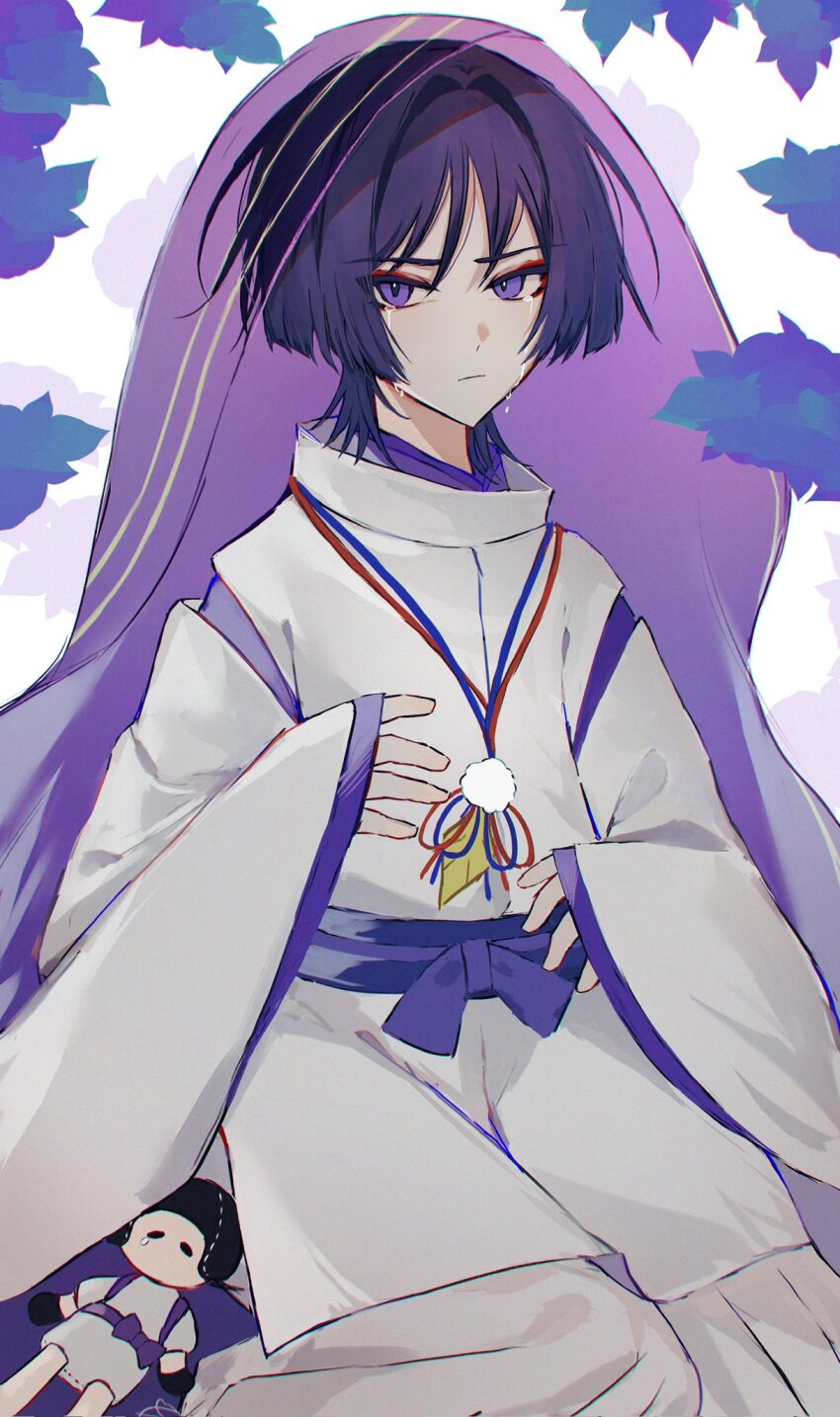 1boy blunt_ends bow closed_mouth doll dragonagia643 eyeliner eyeshadow feathers genshin_impact hair_intakes highres japanese_clothes kariginu kimono layered_kimono long_sleeves looking_at_viewer makeup male_focus pants pelvic_curtain pink_veil pom_pom_(clothes) purple_bow purple_eyes purple_hair purple_kimono purple_sash purple_sleeves red_eyeliner red_eyeshadow sash scaramouche_(genshin_impact) scaramouche_(kabukimono)_(genshin_impact) see-through_clothes see-through_veil sitting sleeves_past_wrists solo string stuffed_toy tears tsurime veil white_background white_pants white_sleeves wide_sleeves yellow_feathers yokozuwari