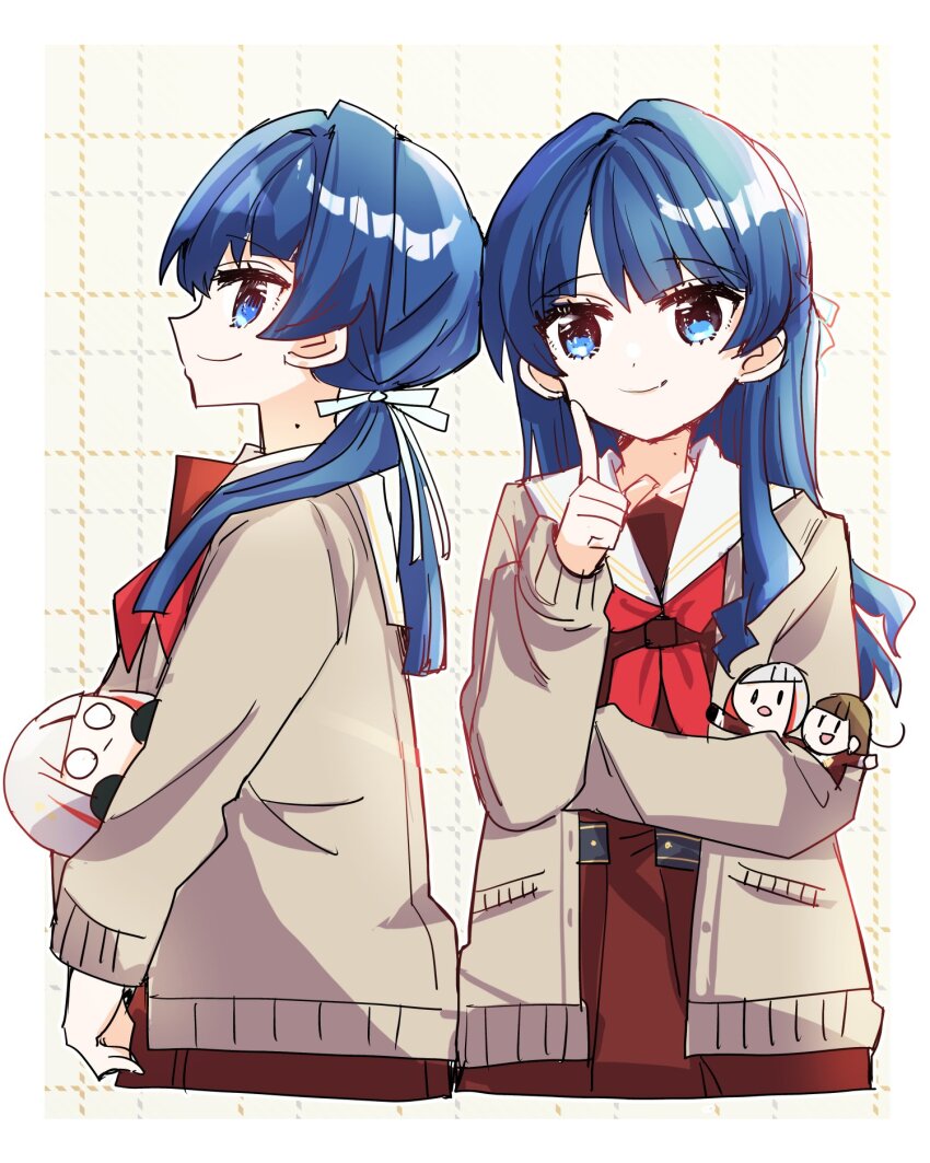 1girl :d :o blue_eyes blue_hair blue_ribbon blush border brown_background brown_cardigan brown_dress cardigan character_doll closed_mouth commentary_request dollchestra dress hair_intakes hair_ribbon half_updo hasu_no_sora_school_uniform highres index_finger_raised kachimachi_kosuzu kanduki_kamibukuro link!_like!_love_live! long_hair long_sleeves love_live! low_twintails mole mole_on_neck multiple_views murano_sayaka neckerchief nesoberi o_o open_cardigan open_clothes open_mouth outside_border plaid_background pleated_dress profile red_neckerchief ribbon sailor_collar sailor_dress school_uniform smile twintails virtual_youtuber white_border white_sailor_collar winter_uniform yugiri_tsuzuri
