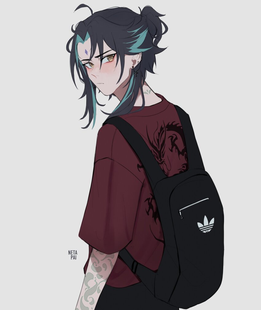 1boy absurdres adidas alternate_costume alternate_hairstyle aqua_hair arm_tattoo artist_name backpack bag black_bag black_hair colored_inner_hair earrings eyeliner facial_mark forehead_mark from_behind genshin_impact grey_background hair_bun highres jewelry light_blush light_frown looking_back makeup male_focus multicolored_hair neck_tattoo netapai1 print_shirt red_eyeliner red_shirt shirt sidelocks simple_background three-quarter_sleeves solo stud_earrings t-shirt tattoo two-tone_hair unkempt upper_body xiao_(genshin_impact) yellow_eyes