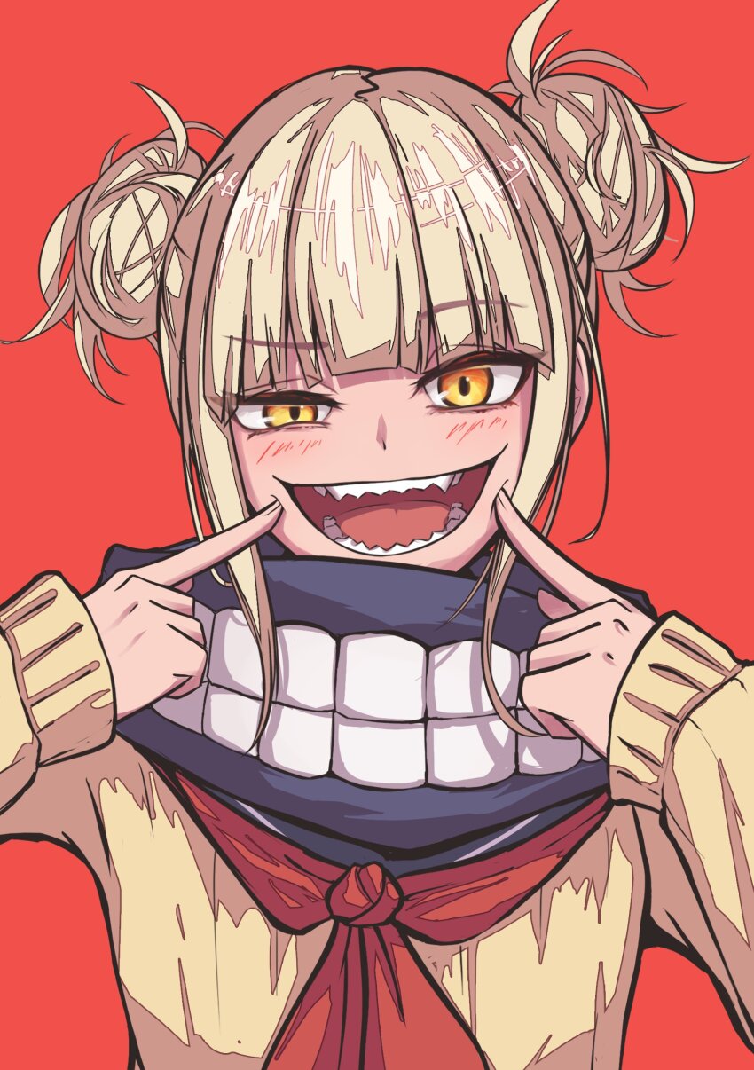 1girl absurdres blonde_hair blunt_bangs boku_no_hero_academia commentary_request double_bun fingers_to_cheeks hair_bun highres karan_koron100 long_sleeves looking_at_viewer messy_hair open_mouth red_background sharp_teeth shirt short_hair sidelocks simple_background smile solo teeth toga_himiko uneven_eyes upper_body yellow_eyes yellow_shirt
