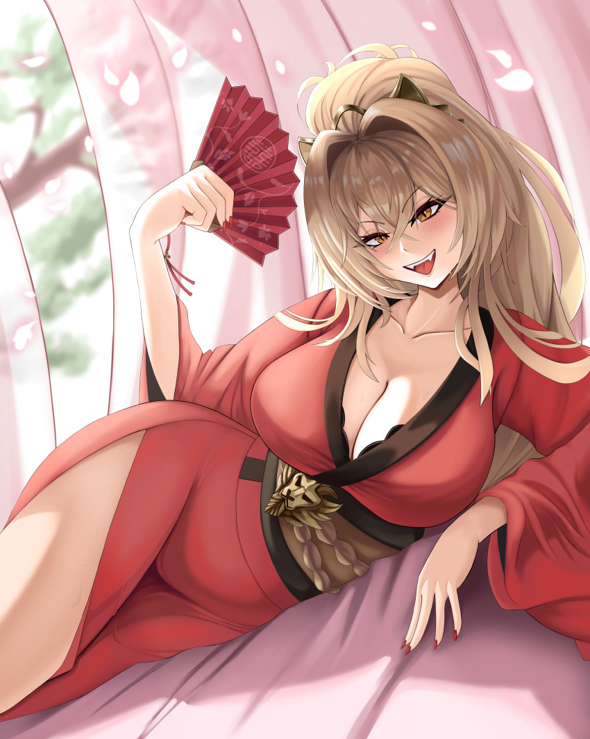 absurdres azur_lane blush breasts brown_eyes brown_hair cleavage curtains fangs hair_intakes hair_ornament hand_fan high_ponytail highres huge_breasts japanese_clothes kasaiartz kimono lion_(azur_lane) looking_at_viewer lying on_side open_mouth ponytail red_kimono red_nails