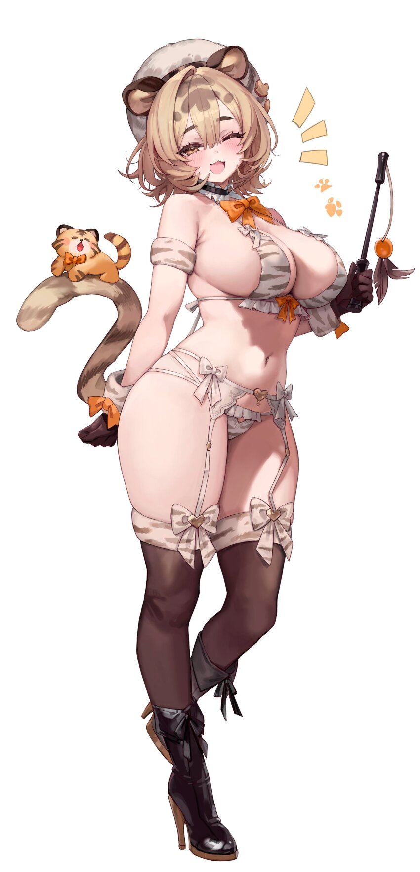 1girl :3 :d absurdres animal_ears animal_print arm_at_side armpit_crease beret bikini black_boots black_gloves blonde_hair blush boots bow bowtie breasts brown_eyes cat_ears cat_girl cat_tail cat_teaser cleavage commentary_request curvy detached_collar dot_nose double-parted_bangs figure_available freng full_body garter_belt gloves hair_between_eyes half-closed_eye hat head_tilt high_heel_boots high_heels highres holding holding_toy large_breasts leather leather_boots looking_at_viewer merchandise_available notice_lines one_eye_closed open_mouth orange_bow orange_bowtie original over-kneehighs plump print_bikini revision short_hair sideboob simple_background smile socks solo swimsuit tail thick_thighs thighhighs thighs tiger_print toy white_background white_bikini white_garter_belt white_hat white_socks