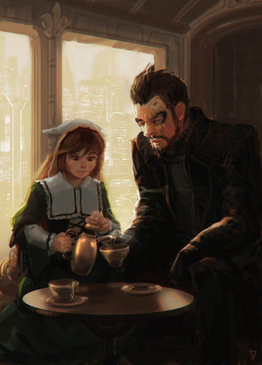 1boy 1girl absurdres adam_jensen bad_deviantart_id bad_id beard crossover cyberpunk cyborg day deus_ex deus_ex:_human_revolution doyora facial_hair headscarf highres indoors long_hair no_lineart parody pun rozen_maiden suiseiseki tea very_long_hair white_headscarf