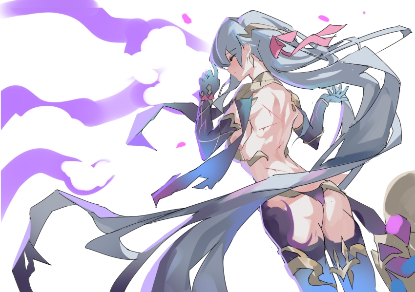1girl arched_back armor ass bare_back bikini bikini_armor breasts bruise bruise_on_back cuts detached_sleeves evzeva fate/grand_order fate_(series) floating_hair grey_hair highres injury kama_(fate) long_hair sideboob simple_background solo swimsuit thighhighs type-moon upper_body very_long_hair white_background